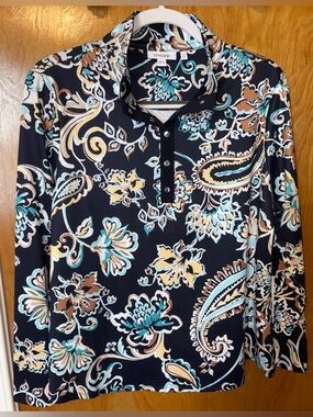 Chico’s Zenergy navy floral print snap mock neck long sleeve pullover Size 2